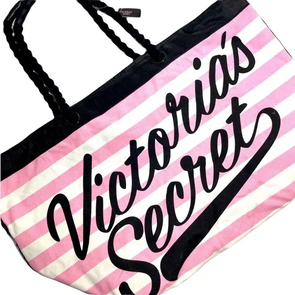 Victoria’s Secret Tote Travel Bag Overnight Weekender Stripes Pink White Black - Picture 11 of 14
